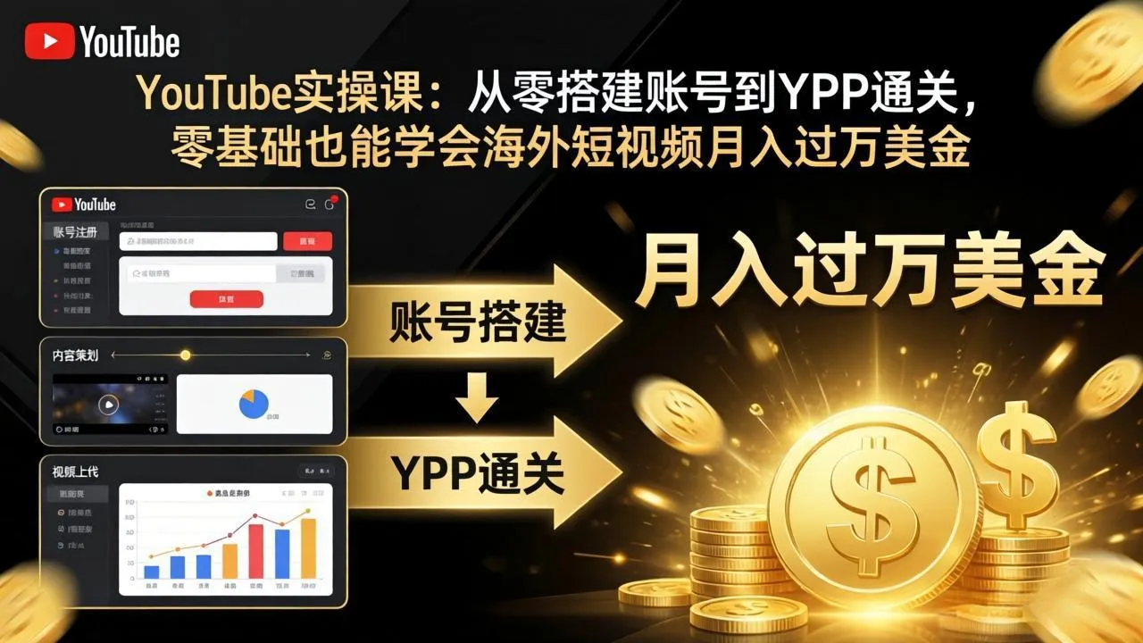 YouTube实操课：从零搭建账号到YPP通关，零基础也能学会海外短视频月入过万美金-豌豆轻创