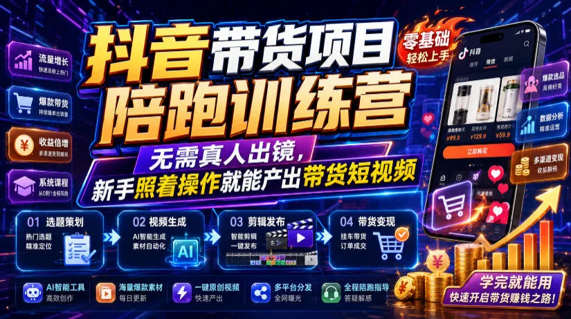 抖音带货项目陪跑训练营,无需真人出镜,新手照着操作就能产出带货短视频-豌豆轻创