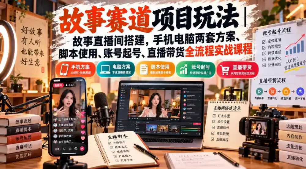 故事赛道项目玩法｜故事直播间搭建，手机电脑两套方案、脚本使用、账号起号、直播带货全流程实战课程-豌豆轻创