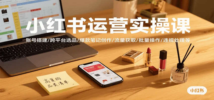 小红书运营实操课，账号搭建/跨平台选品/爆款笔记创作/流量获取/批量操作/违规处理等-轻创
