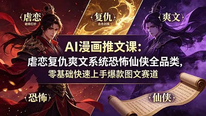 AI漫画推文课：虐恋复仇爽文系统恐怖仙侠全品类，零基础快速上手爆款图文赛道-豌豆轻创