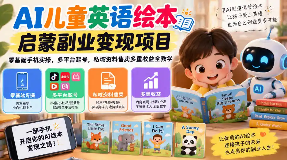 AI儿童英语绘本启蒙副业变现项目，零基础手机实操，多平台起号，私域资料售卖多重收益全教学-豌豆轻创