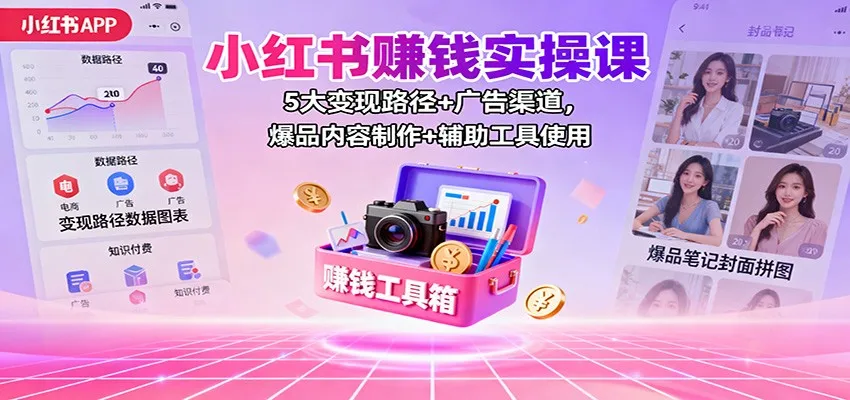 小红书赚钱实操课：5大变现路径+广告渠道，爆品内容制作+辅助工具使用-轻创