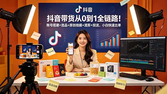 抖音带货从0到1全链路!账号搭建+选品+原创拍摄+混剪+投流,小白快速出单-豌豆轻创