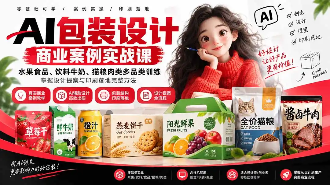 AI包装设计商业案例实战课：水果食品、饮料牛奶、猫粮肉类多品类训练，掌握设计提案与印刷落地完整方法-豌豆轻创