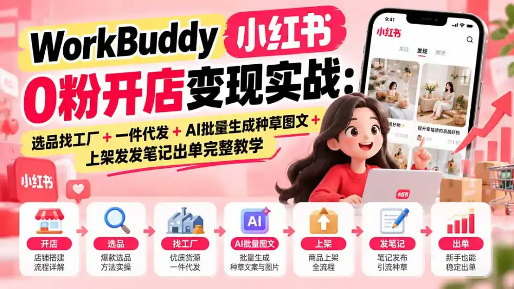 WorkBuddy小红书0粉开店变现实战：选品找工厂+一件代发+AI批量生成种草图文+上架发发笔记出单完整教学-豌豆轻创