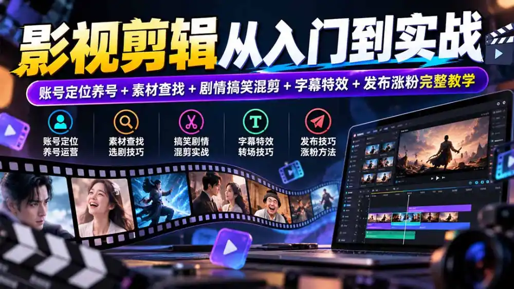 影视剪辑从入门到实战：账号定位养号+素材查找+剧情搞笑混剪+字幕特效+发布涨粉完整教学-豌豆轻创
