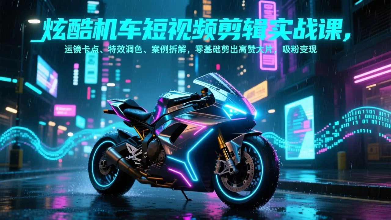 炫酷机车短视频剪辑实战课，运镜卡点、特效调色、案例拆解，零基础剪出高赞大片，吸粉变现-轻创