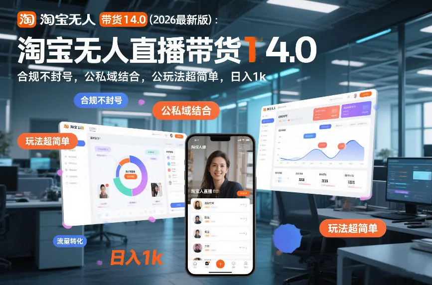 淘宝无人直播带货14.0(2026最新版)：合规不封号，公私域结合，玩法超简单，日入1k+【揭秘】-轻创