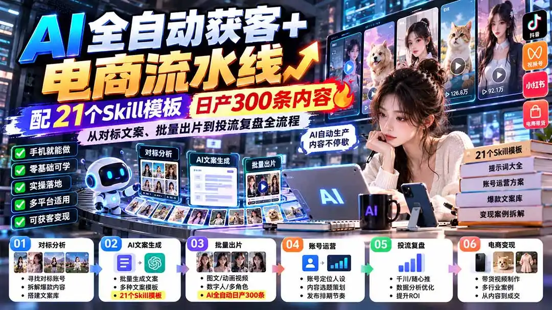 【无水印】AI全自动获客+电商流水线：配21个Skill模板，日产300条内容，从对标文案、批量出片到投流复盘全流程-豌豆轻创