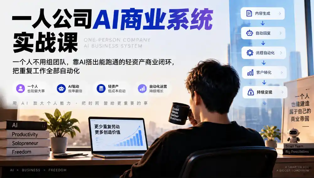 一人公司AI商业系统实战课，一个人不用组团队，靠AI搭出能跑通的轻资产商业闭环，把重复工作全部自动化-豌豆轻创