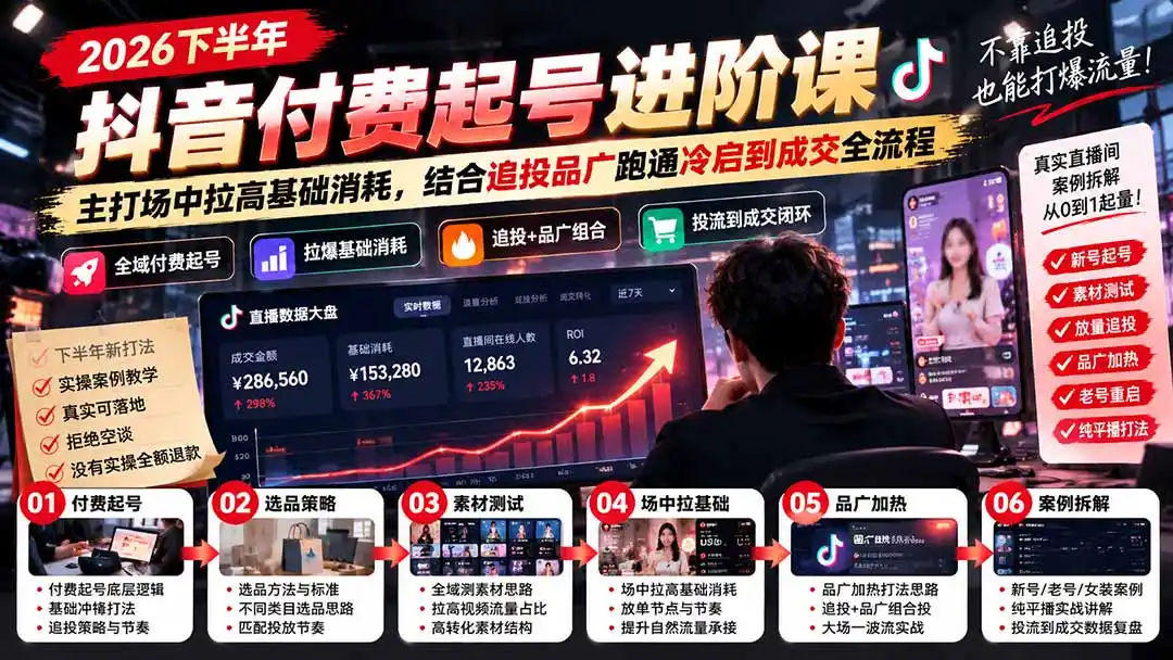 2026下半年抖音付费起号进阶课：主打场中拉高基础消耗，结合追投品广跑通冷启到成交全流程-豌豆轻创