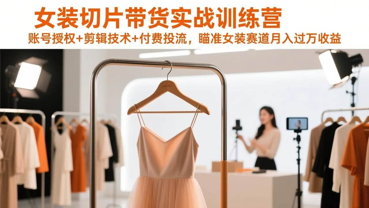 女装切片带货实战训练营，账号授权+剪辑技术+付费投流，瞄准女装赛道月入过万收益-轻创