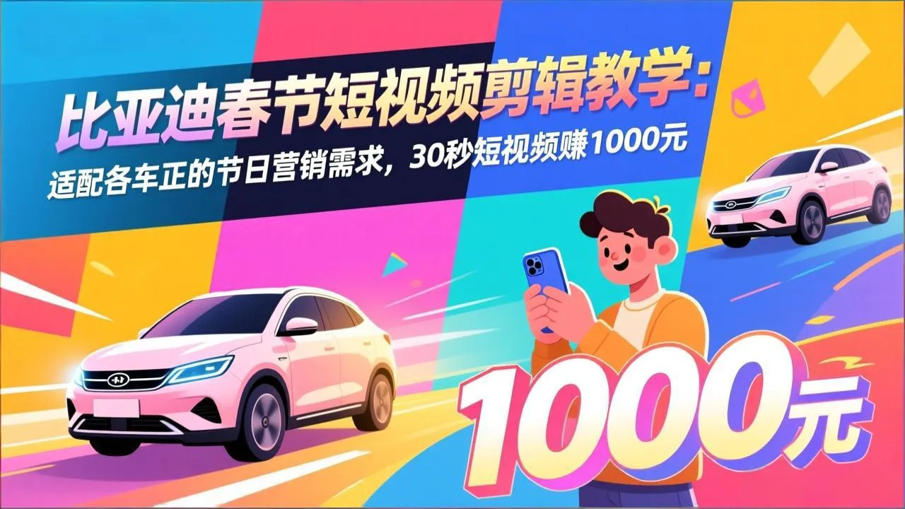 比亚迪春节短视频剪辑教学：适配各车企的节日营销需求，30秒短视频赚1000元-轻创