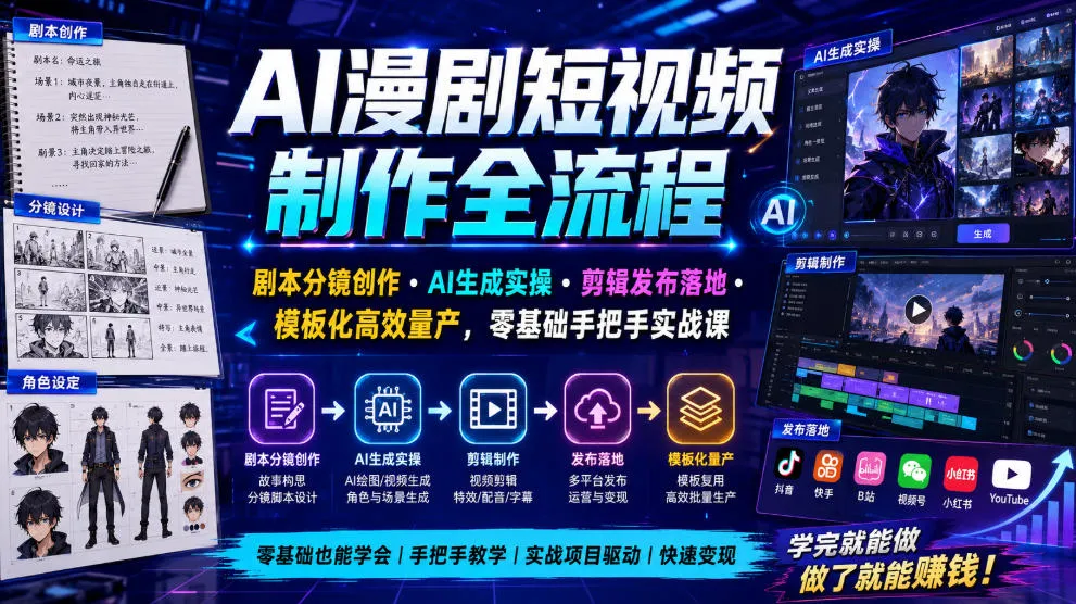 AI漫剧短视频制作全流程|剧本分镜创作・AI生成实操・剪辑发布落地・模板化高效量产,零基础手把手实战课-豌豆轻创