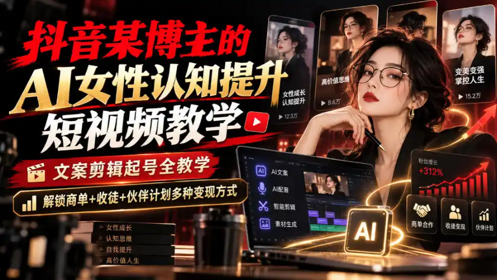 抖音某博主的Ai女性认知提升短视频教学，文案剪辑起号全教学，解锁商单+收徒+伙伴计划多种变现方式-豌豆轻创