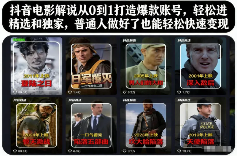 抖音电影解说从0到1打造爆款账号，轻松进精选和独家，普通人做好了也能轻松快速变现-轻创