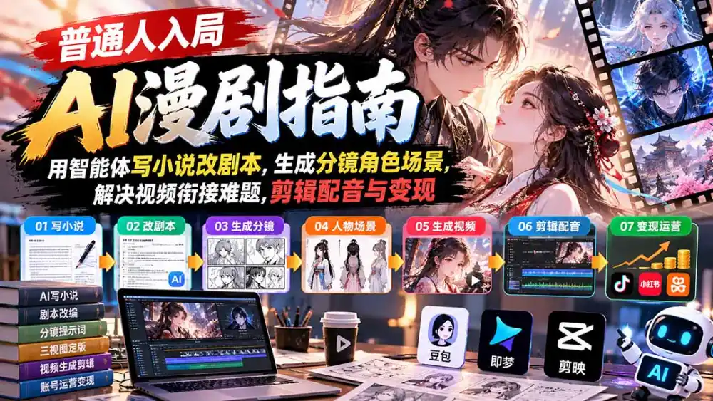 【无水印】普通人入局AI漫剧指南：用智能体写小说改剧本，生成分镜角色场景，解决视频衔接难题，剪辑配音与变现-豌豆轻创