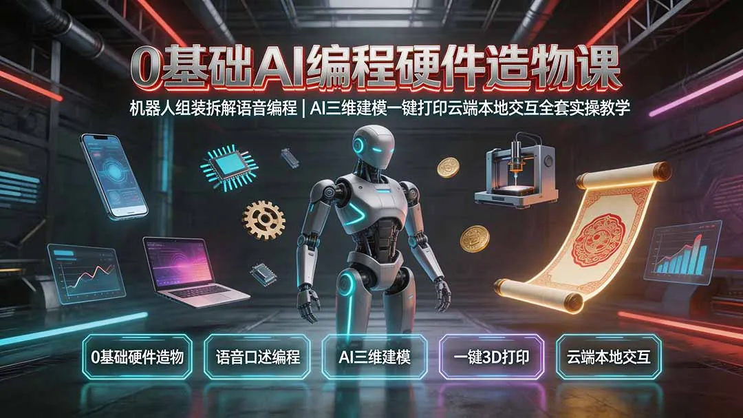0基础AI编程硬件造物课｜机器人组装拆解语音编程，AI三维建模一键打印云端本地交互全套实操教学-豌豆轻创
