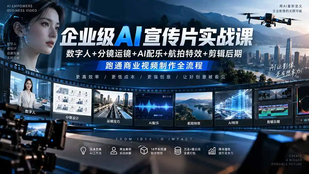 企业级AI宣传片实战课｜数字人+分镜运镜+AI配乐+航拍特效+剪辑后期，跑通商业视频制作全流程-豌豆轻创
