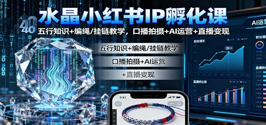水晶小红书IP孵化课：五行知识+编绳/挂链教学，口播拍摄+AI运营+直播变现-轻创