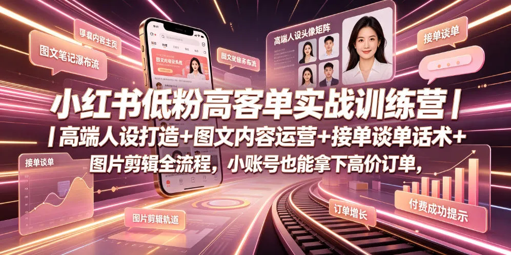 小红书低粉高客单实战训练营｜高端人设打造+图文内容运营+接单谈单话术+图片剪辑全流程，小账号也能拿下高价订单-豌豆轻创