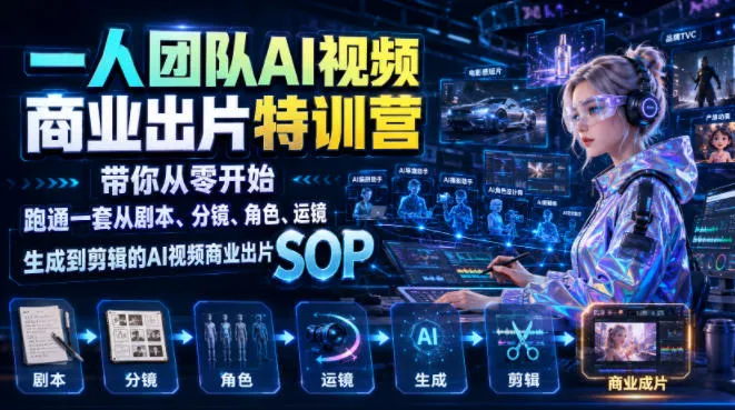 一人团队AI视频商业出片实战课：带你从零开始跑通一套从剧本、分镜、角色、运镜、生成到剪辑的AI视频商业出片SOP-豌豆轻创