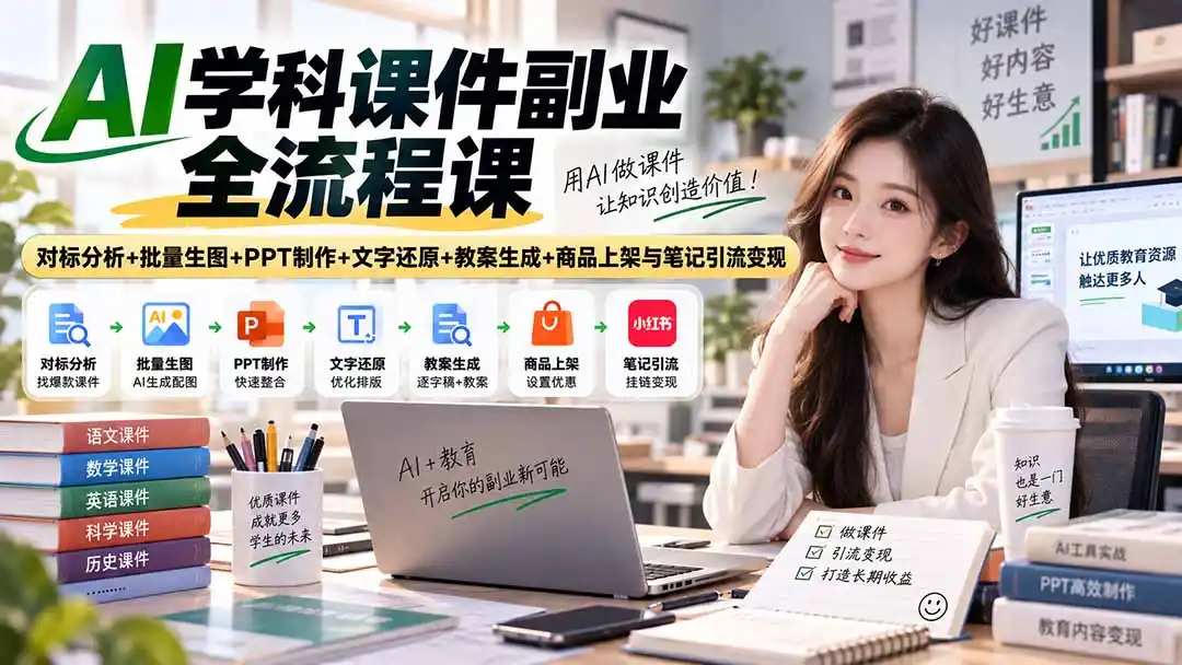 AI学科课件副业全流程课｜对标分析+批量生图+PPT制作+文字还原+教案生成+商品上架与笔记引流变现-豌豆轻创