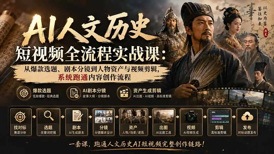 AI人文历史短视频全流程实战课-更新:从爆款选题、剧本分镜到人物资产与视频剪辑,系统跑通内容创作流程-豌豆轻创