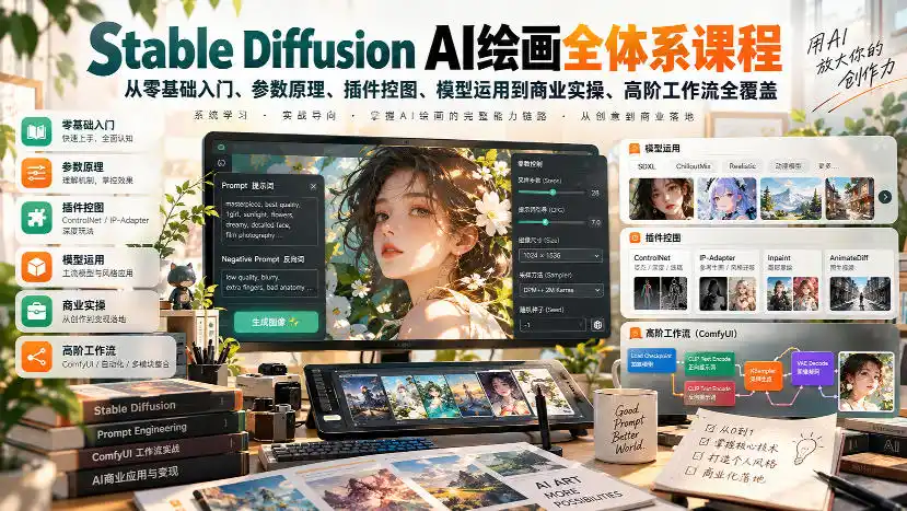 【无水印】Stable Diffusion AI绘画全体系课程，从零基础入门、参数原理、插件控图、模型运用到商业实操、高阶工作流全覆盖-豌豆轻创