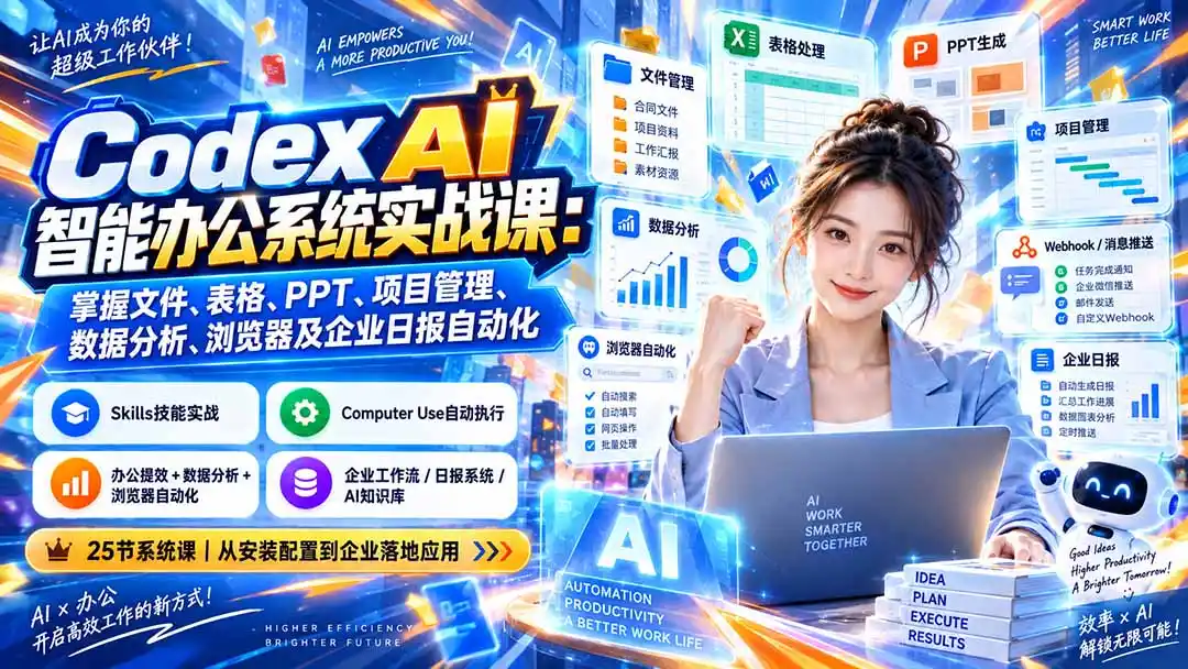 Codex AI智能办公系统实战课：掌握文件、表格、PPT、项目管理、数据分析、浏览器及企业日报自动化-豌豆轻创