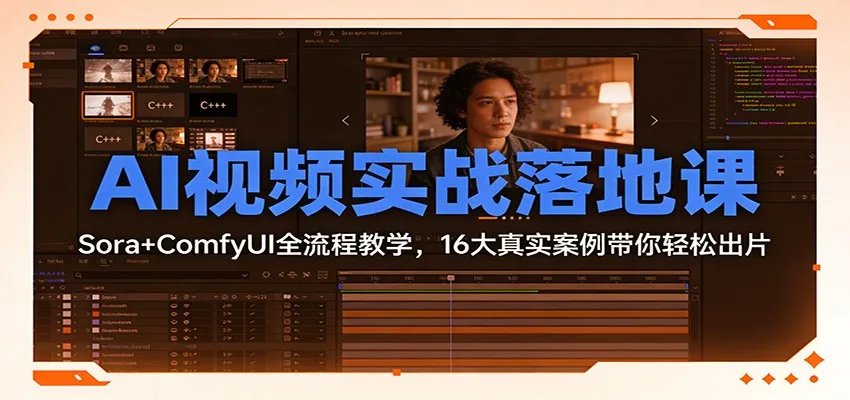 AI视频实战落地课：Sora+ComfyUI全流程教学，16大真实案例带你轻松出片-轻创