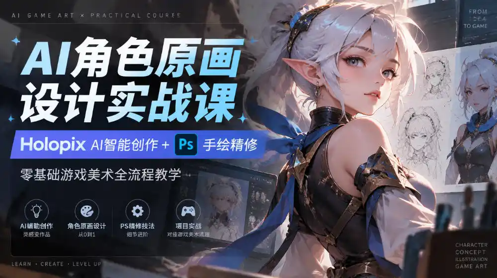 AI角色原画设计实战课｜Holopix AI智能创作+PS手绘精修，零基础游戏美术全流程教学-豌豆轻创