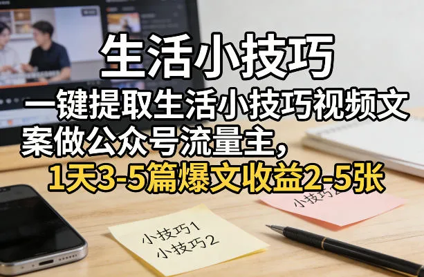 一键提取生活小技巧视频文案做公众号流量主，1天3-5篇爆文收益2-5张-豌豆轻创
