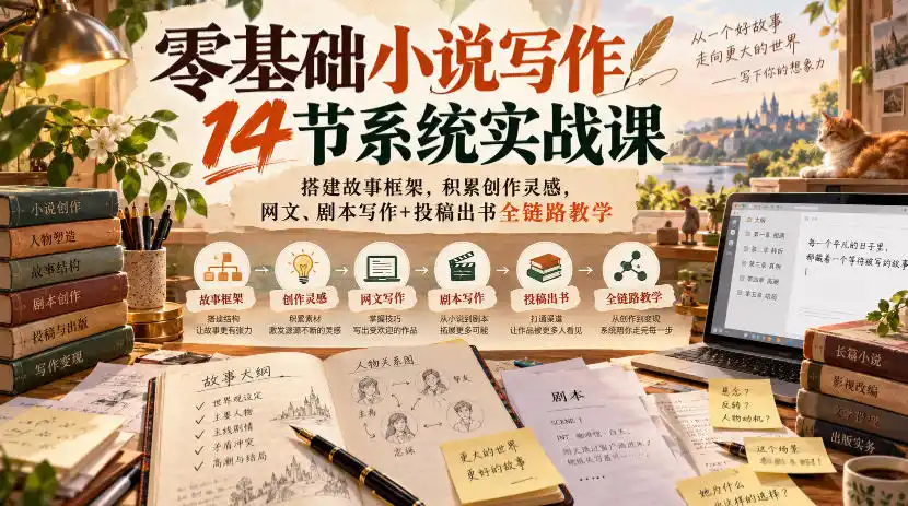 零基础小说写作14节系统实战课，搭建故事框架，积累创作灵感，网文、剧本写作+投稿出书全链路教学-豌豆轻创