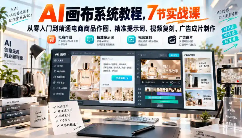 AI画布系统教程,7节实战课从零入门到精通电商商品作图、精准提示词、视频复刻、广告成片制作-豌豆轻创