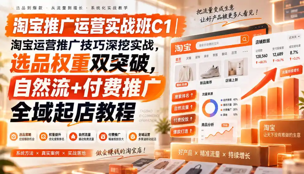 淘宝推广运营实战班C1｜淘宝运营推广技巧深挖实战，选品权重双突破，自然流+付费推广全域起店教程-豌豆轻创