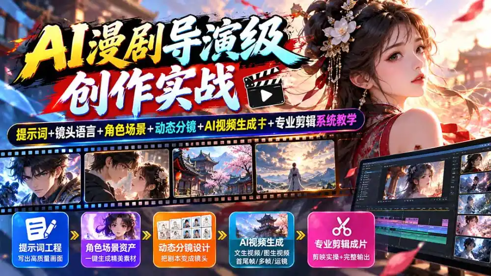 AI漫剧导演级创作实战：提示词+镜头语言+角色场景+动态分镜+AI视频生成+专业剪辑系统教学-豌豆轻创