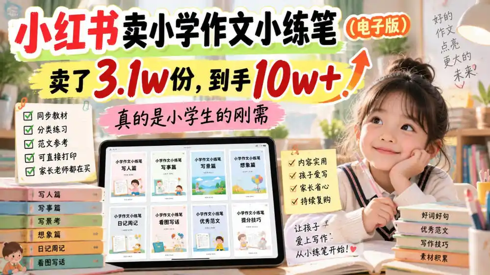 小红书卖小学作文小练笔(电子版),卖了3.1w份,到手10w+,真的是小学生的刚需-豌豆轻创