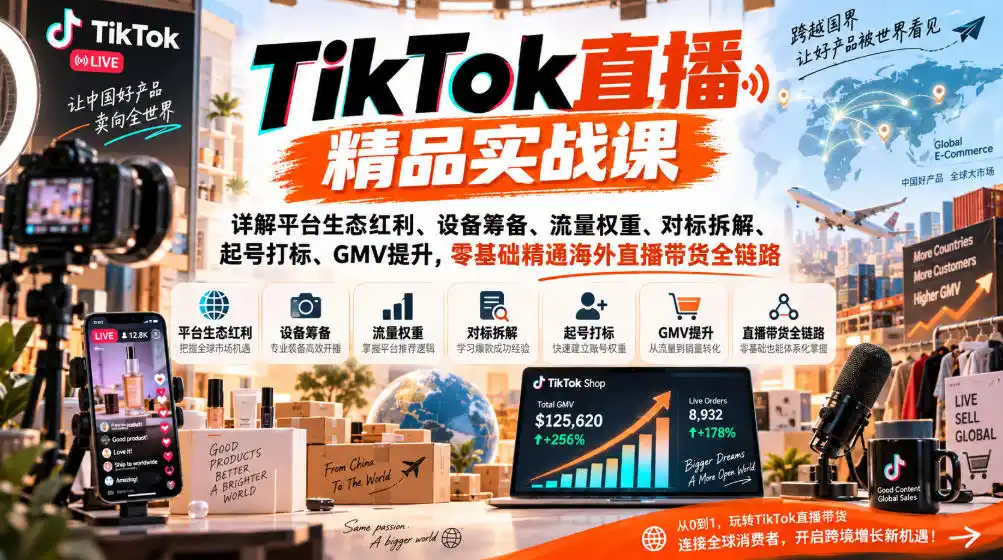 TikTok直播精品实战课，详解平台生态红利、设备筹备、流量权重、对标拆解、起号打标、GMV提升，零基础精通海外直播带货全链路-豌豆轻创