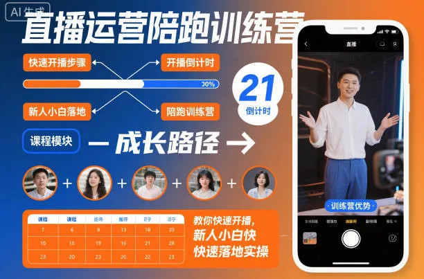 直播运营陪跑训练营,教你快速开播,新人小白快速落地实操-轻创