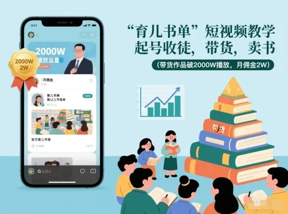 育儿书单短视频教学，起号收徒，带货，卖书(带货作品破2000W播放，月佣金2W)-轻创