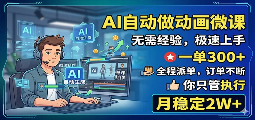AI自动做动画微课，一单300+，全程派单，你只管执行，月稳定2W+-豌豆轻创