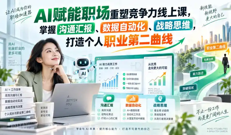 AI赋能职场重塑竞争力线上课,掌握沟通汇报、数据自动化、战略思维,打造个人职业第二曲线-豌豆轻创