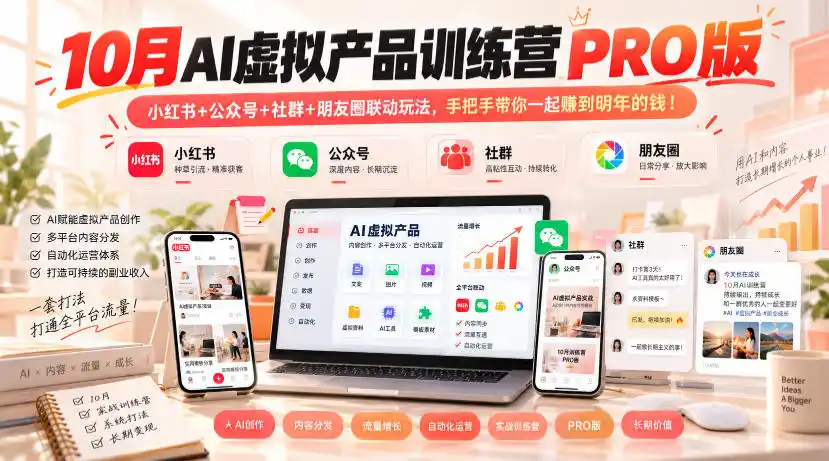 10月AI虚拟产品训练营PRO版，小红书+公众号+社群+朋友圈联动玩法，手把手带你一起赚到明年的钱！-豌豆轻创