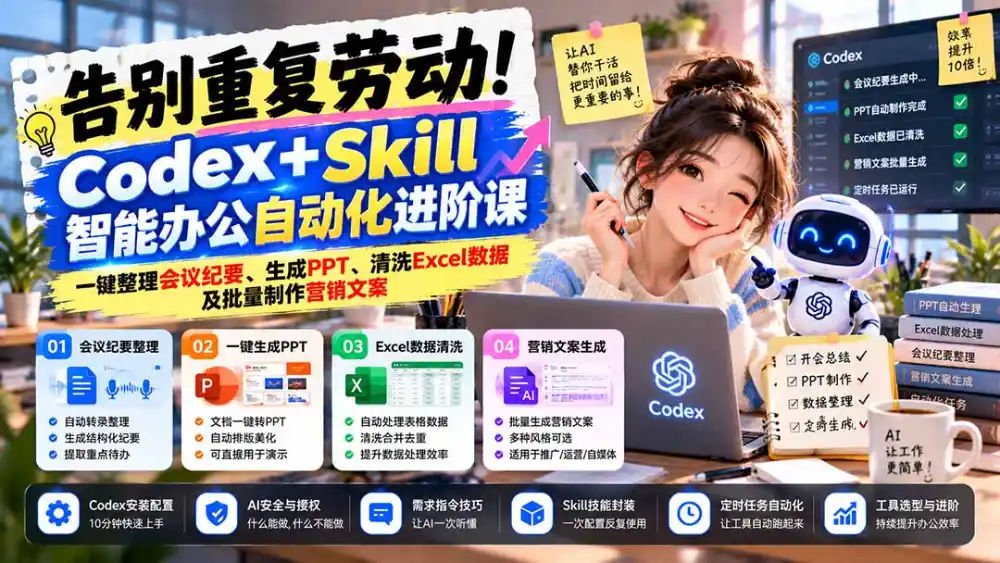 告别重复劳动！Codex+Skill智能办公自动化进阶课：一键整理会议纪要、生成PPT、清洗Excel数据及批量制作营销文案-豌豆轻创