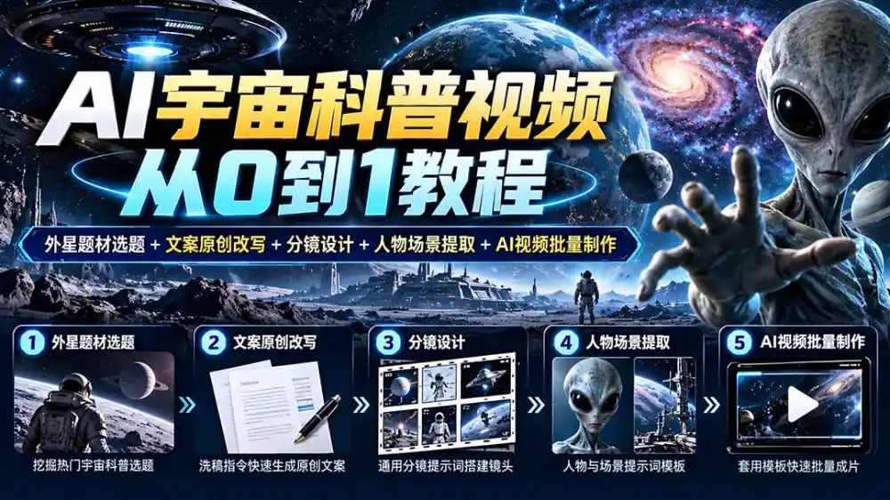 AI宇宙科普视频从0到1教程｜外星题材选题+文案原创改写+分镜设计+人物场景提取+AI视频批量制作-豌豆轻创