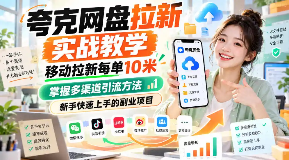 夸克网盘拉新实战教学，移动拉新每单10米，掌握多渠道引流方法，新手快速上手的副业项目(更新1017)-豌豆轻创