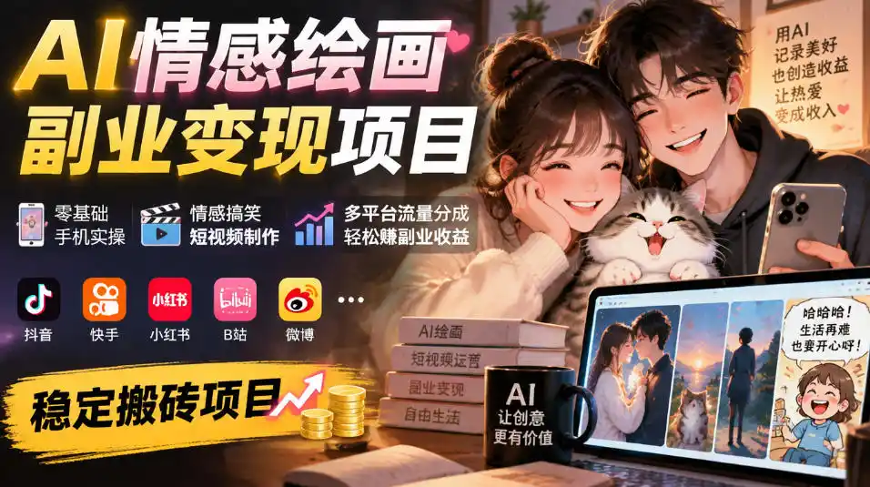 AI情感绘画副业变现项目｜零基础手机实操，情感搞笑短视频制作，多平台流量分成轻松賺副业收益-豌豆轻创