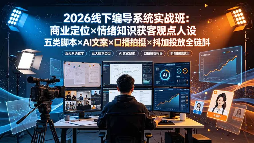 2026线下编导系统实战班：商业定位×情绪知识获客观点人设五类脚本×AI文案×口播拍摄×抖加投放全链路-豌豆轻创